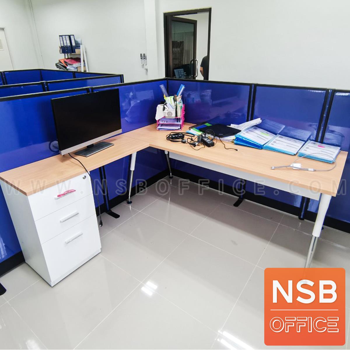 โต๊ะทำงานตัวแอล 3 ลิ้นชัก   ขนาด 180W1*175W2 cm. พร้อมบังตาไม้ ขาเหล็กชุบโครเมี่ยม