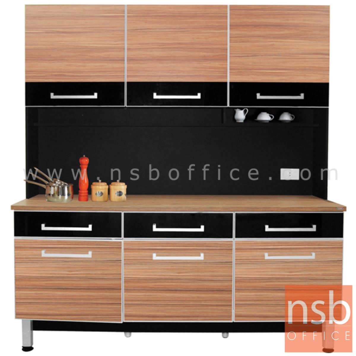 A33A016:ชุดตู้ครัวสูง ทันสมัย  รุ่น Minimus (มินิมัส)  ขนาด 180W cm. สีวอลนัทตัดกระจกชาดำ